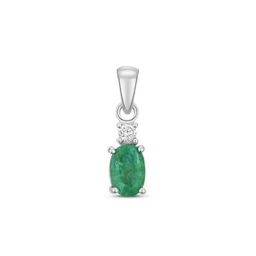 Diamond and 6X4mm Emerald Oval Pendant 9ct White Gold